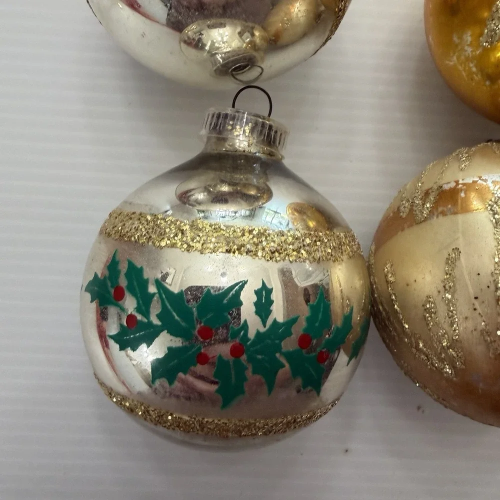 Lot Of 7 Vintage Glass Christmas Ornaments Mercury Glass Poinsettia Glitter MCM